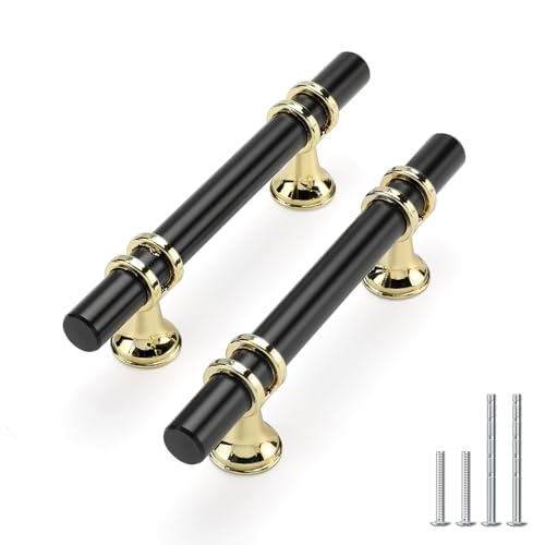 Rergy 10 Pack 3 Inch Hole Center Black and Gold Cabinet Handles - color: Black&Gold, size: 3in Hole Center(76mm)