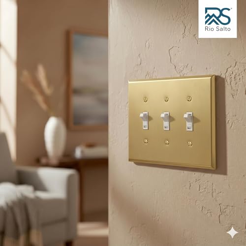 Rio Salto BRASS Toggle Light Switch Cover Plate Triple Toggle Flip Switch Outlet Covers 3 Gang Brushed Brass Gold Metal Wall Plate Flip Swtich — Signature Collection, Standard Size 4.50" X 6.33" - color: Toggle Switch 3-Gang (1-Pack)