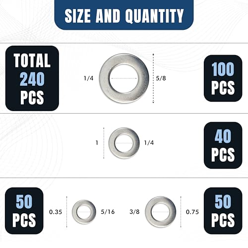 240 Pcs Fender Washers Assortment Kit, 304 Stainless Steel Flat - style: 240 Pcs Fender