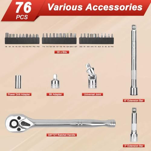 Egofine 3/8" Drive Socket Set, 76 PCS Ratchet Wrenches Set, Standard and Deep Metric (8 to 19mm)/SAE (5/16 to 3/4 inch) Size, with 72-Tooth Ratchet for Auto Repairing and Household, with Storage Case - style: 3/8" 76 PCS with 72 Teeth Ratchet