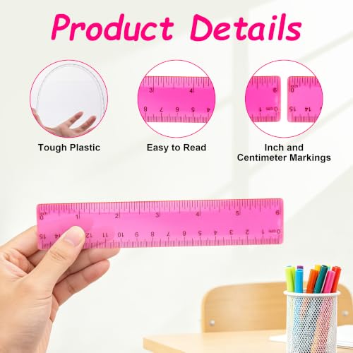 Plastic Clear Ruler Math Set - 6'' 12'' Transparent Straight Ruler, 4'' 6'' Protractor, 30/60 & 45/90 Triangle Ruler,Geometry Math Measuring Tool for School Home Office Drawing Teachers Kids Hot Pink - color: Hot Pink