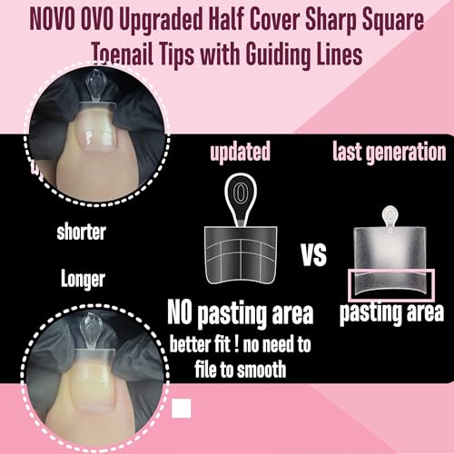 NOVO OVO Upgraded Flexible Half Cover Soft Gel Fake Toe Nail Tips with Auxiliary Line for Toenail Extension, Sharp Square Medium Wide for Men Women Acrylic pedicure in Salon x 15 Sizes 300 Pcs - color: Sharp Square Half Cover Medium