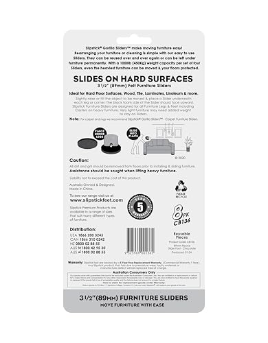 GorillaSliders Premium Felt Furniture Sliders for Hardwood Floors (8 Pack) Reusable 3-1/2” Round Felt Furniture Movers for Sliding on Hard Surfaces, Heavy Duty Felt & Rubber Foam, Black, CB136 - size: 3-1/2" Round (For Hardwood)