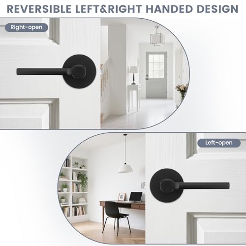 6 Pack Black Passage Door Handle,Round Interior Door Lever for Hallway and Closet,Keyless Non-Locking Door Lock,Left and Right Hand Reversible - color: Black, size: Passage