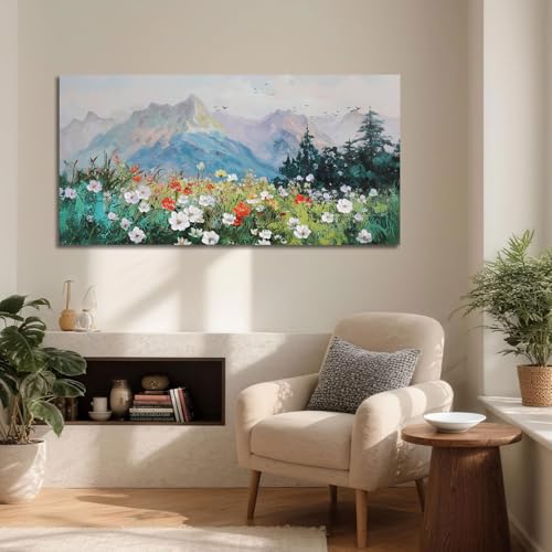 Ateliart Large Textured Wildflower Mountain Canvas Wall Art, 48 x 24 Inches | Textured wildflowers and misty mountains add fresh color and peaceful depth to living rooms, bedrooms, and dining spaces. - color: White wildflower, size: 48"L x 24"W