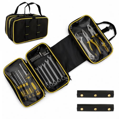 Roll Up Tool Bag with 2 Handle Wraps, Foldable Tool Roll Bag with 3 Translucent Zipper Compartments, Portable Oxford Cloth Small Tool Bag