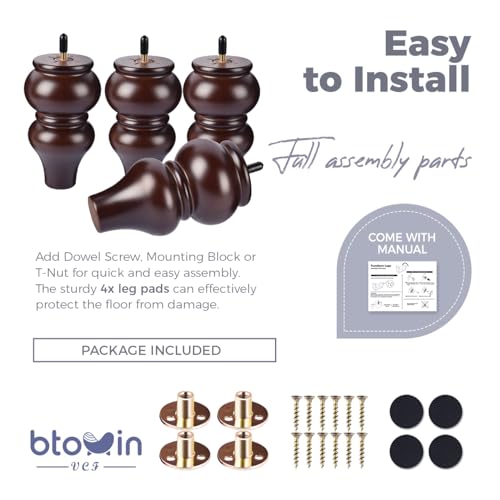 6 inch Solid Wood Turned Furniture Legs 4Pcs with M8 Bolts, Walnut - color: Walnut, size: 6" (15cm)