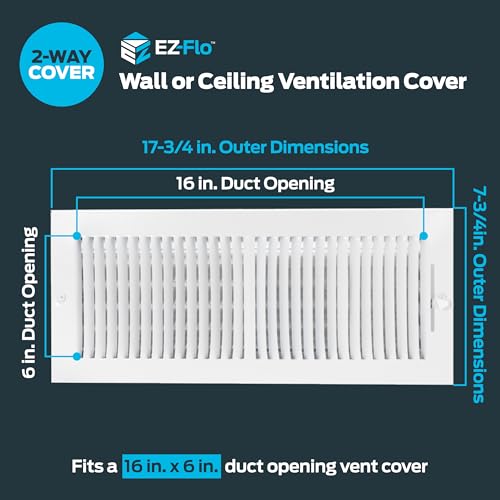 EZ-FLO 16 x 6 Inch (Duct Opening) Air Vent Cover for Wall or Ceiling, Two-Way Ventilation Register, Solid Steel HVAC Register Cover, White, 61663 - size: 16 in. x 6 in.