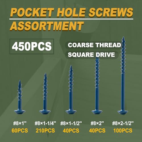 LIONMAX Pocket Hole Screws Assortment Kit, 450 PCS in 5 Sizes, 8 x 1, 1-1/4", 1-1/2", 2", 2-1/2", Blue Anti-Rust Coated Pocket Hole Screws for Exterior, Square Drive, 150MM Drive Bit Included
