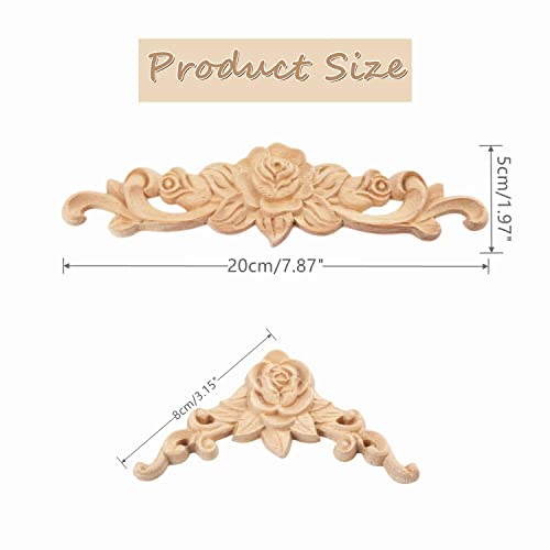 Wood Rose Appliques Onlays Set, 5Pcs Unpainted Decorative Carved Decals - size: Small