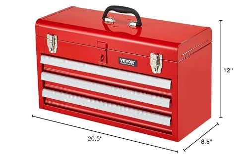 VEVOR Metal Tool Box, 20.5-inch, Portable Metal Tool Box with 3 Drawers, Small Tool Chest with EVA Liners, Ball Bearing Slide Drawers Locking & Powder Coated Finish, Multi-Function Tool Organizer, Red - size: 3 Drawers-Red