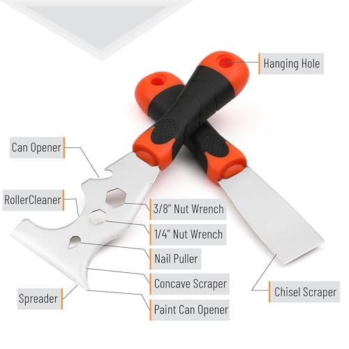 Bates- Paint Scraper Set, 2 Pack, 12 in 1 Painters Tool with 1.5" Stainless Steel Putty Knife, Rubber Handle, Paint Scrapers for Wood, Painters Knife, Paint Scraper for Painting, Metal Scraper
