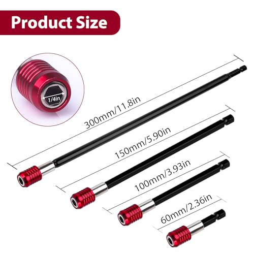 Drill Bit Extension 4 Pcs Magnetic Bit Holder 2/4/6/12" Bit Holder Extender for Impact Drill