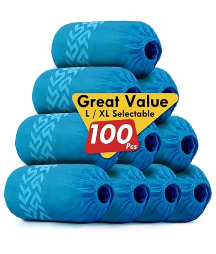 Disposable Shoe Covers 100 Pack (50 Pairs) | Non-Slip, Durable Non-Woven Fabric Boot Covers for Indoors, X-Large Recyclable Shoe Protectors, Stretchable Fits Up to Size 13 US Men & Work Boots - size: Blue Set of 100(XL)