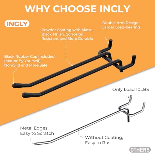 INCLY 36 Pack 4/6 Inch Double Arm Black Pegboard Hooks, 1/4" Heavy Duty - color: Black
