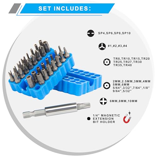 34pcs Security Bit Set 1/4 Inch Hex Shank Screwdriver Bit Set,Tamper Proof Bits-Torx+Hex+Tri Wing+Star+Spanner for Torx Security Screwdriver Set,High Hardness Impact Driver Bit Set(Blue+Wrench) - color: Blue+wrench