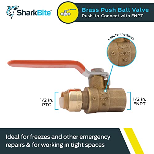 SharkBite 1/2 x 1/2 Inch Ball Valve with FNPT Connector, Push to Connect Brass Plumbing Fitting, PEX Pipe, Copper, CPVC, PE-RT, HDPE, 22182-0000LF - size: 1/2 in. x 1/2 in., style: SharkBite