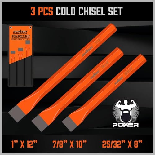 HORUSDY 3-Pieces Heavy Duty Cold Chisels Set, Long 8", 10", 12", with Roll Pouch, 1 in, 7/8 in, 25/32 in - size: 3-Piece (Long)