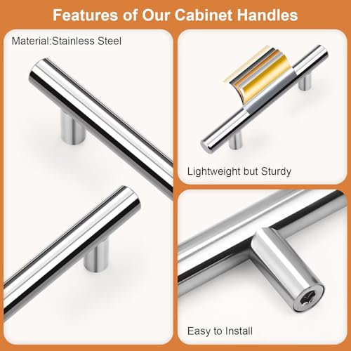 Probrico 30 Pack Hole Centers (76mm) 3inch Polished Chrome Kitchen Cabinet Handles Stainless Steel Polished Chrome Cabinet Pulls Round T Bar Pull Handle for Cabinets and Drawers Total Length 5inch - color: Polished Chrome, size: Hole Centers: 3"