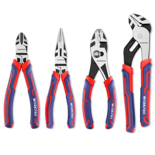 WORKPRO 4-Piece Pliers Set, Premium CR-V Construction Tool Set | Including Long Nose, Diagonal Cutting, Groove Joint and Slip Joint Pliers - Red - color: Red