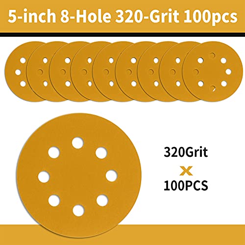 100 Pcs 5 Inch Sanding Discs Hook and Loop, 8 Hole Gold Premium 320 Grit Dustless Random Orbit Sandpaper for Woodworking or Automotive - style: 320 Grit-100 Discs