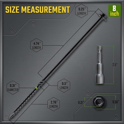 [Pack of 50] #14 x 8 Wood Structural Screws, Heavy Duty Hex Head Black Timber/Log/Landscaping Wood Screws, Rust Resistant, Hex Socket Included - color: Black, size: #14 x 8"