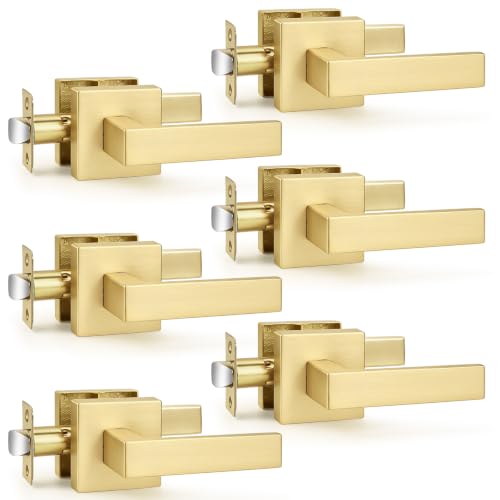 Probrico Passage Gold Closet Door Handles, 6 Pack Interior Non-Locking Square Zinc Alloy Lever, Reversible for Right & Left Side - color: Brushed Gold