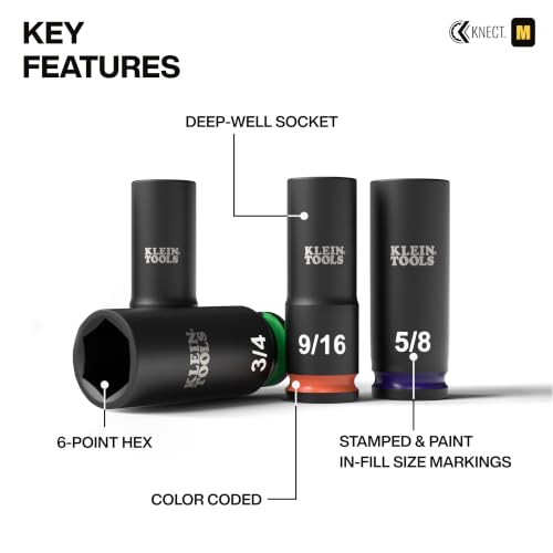 Klein Tools 65109IMPCT KNECT Deep-Well 3/8-Inch Drive Impact Socket Set, SAE, 9-Piece Tool Set with Impact Driver Adapter, Multi-Purpose Wrench Adapter, Color-Coded, MODbox Socket Organizer - style: 9-Piece SAE Set