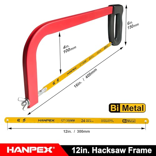 Hanpex 12in. High-Tension Hacksaw Frame with 24 TPI Bi-metal Blade, Hand Saw Suitable for Metal, wood, PVC, Carpentry（Black Handle） - style: Hacksaw with Red Handle