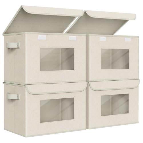 Univivi Collapsible Stackable Storage Bins with Lids, 4 Pack, Beige - color: Beige