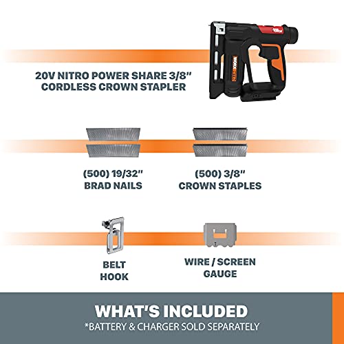 WORX Cordless Crown Stapler, 20V 3/8-Inch 2-in-1 Nail Gun, WX843L.9 - style: 3/8" Crown Stapler Bare Tool