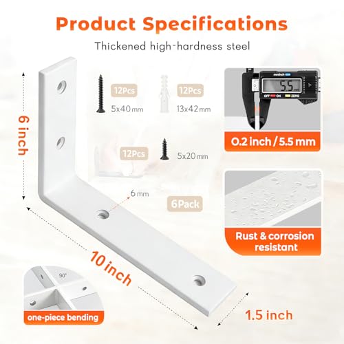 Shelf Bracket 8 Pack 10" Lx6 H 5mm Thick Heavy Duty White L Brackets - color: White-8pack, size: 10"Lx6"Wx1.5"W