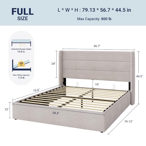 Allewie Full Size Lift Up Hydraulic Storage Bed Frame Light Beige - color: Beige, size: Full, style: Modern