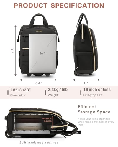 Rolling Puffer Backpack for Women, Travel Backpack with Wheels, 16 Inch Wheeled Laptop Backpck, Dual-Opening Design Overnight College Underseat Carry on Luggage, Roller Business Work Bag, Black - color: Black