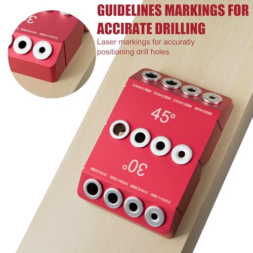 Cable Railing Drill Guide, Portable Angle Drill Guide Jig with 30/45/90 Degree Multi-Angle Drilling Template, 4 Hole Sizes 3/16" 1/4" 5/16" 3/8", Bubble Level for Stair & Deck Installation