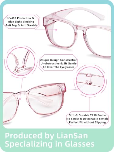 LianSan Safety Glasses Over Eyeglasses for Women - Anti-Fog Goggles Fit Over Eyewear for ANSI Z87.1 Certified - color: Light Pink/Clear