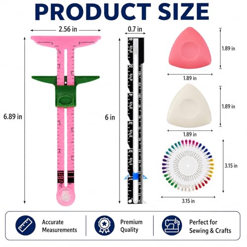 Sewing Gauge Measuring Tool Set, 5-in-1 Sliding Marker & Seam Gauge Ruler | Acrylic T-Shaped Quilting Ruler Set, Essential Sewing & Quilting Tools for Hemming, Buttonhole Marking & Crafting 5Pcs Pink - color: Pink