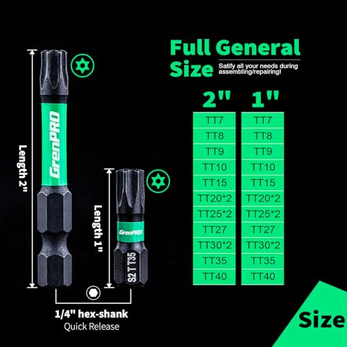 GRENPRO 29PCS Torx Bit Set (TT7-TT40), 1"&2" S2 Steel Security Torx Bits - size: T7-T40(1"&2"*29pcs)