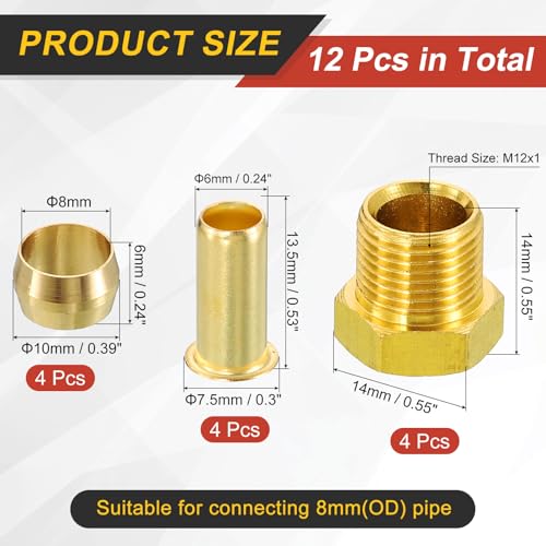 uxcell 4 Set Fit for 8mm Tube Brass Compression Assortment Kit, Sleeve Ferrule & Nut Kit & Insert Tube Fittings for Water Oil Air Pipe - size: 8mm