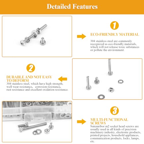 565 Pieces M2 Screws Nuts Washers Set, Sutemribor M2 x 4/6/8/10/12/16/20mm Hex Socket Head Cap Screws Nuts Washers Assortment Kit, 304 Stainless Steel, Fully Threaded - size: M2, style: Socket Head