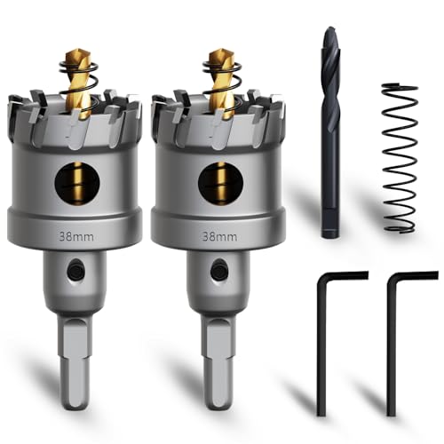 Metal Hole Saw 1-1/2''(38mm) 2Pcs Set Heavy Duty Tungsten Carbide Tipped Hole Cutters Set with a nitrided Step Drill and L-flench, for Steel Iron,Aluminum,Stainless stell,Plastic - size: 1-1/2''(38mm)-2PCS
