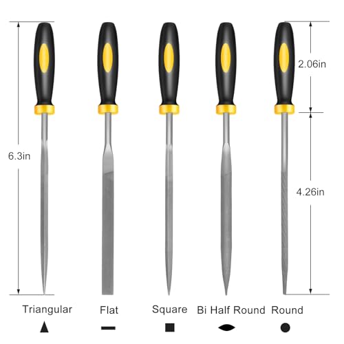 Mini Metal Needle File Set, 5pcs, Small Hand Files Set for Detail and Precise Work, Hardened Alloy Strength Steel File Tools Includes Round, Bi Half-Round, Flat, Square, Triangular File