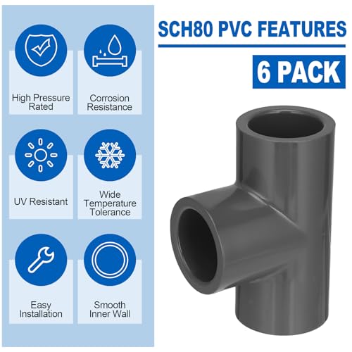 6 Pack Schedule 80 PVC Pipe Fitting Tee, 1" Socket, Compatible with 801 Series, Heavy Duty Gray PVC Tee for Industrial, Irrigation & Plumbing Applications - size: 1" Socket