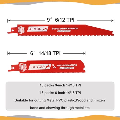 13 Pack 9 in 14/18 TPI and 13 Pack 6 in 14/18 TPI Bi-Metal Reciprocating Saw Blades for Automobile Dismantling Metal Steel Cutting Non-Stick Coated for Less Heat for 1/16-5/16 Medium Metals - size: 6-9in 26Pack, style: 14/18 Tpi