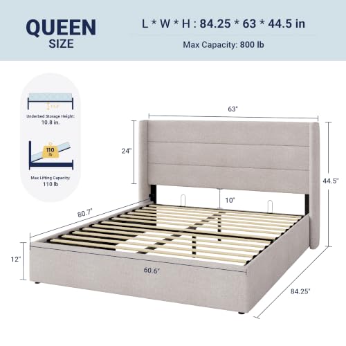 Allewie Queen Size Lift Up Hydraulic Storage Bed Frame Light Beige - color: Beige, size: Queen, style: Modern