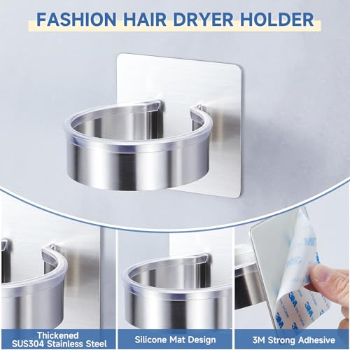 Hair Dryer Holder Wall Mounted, Blow Dryer Holder, Hair Tool Organizer for Hair Dryer Storage Hanger, Adhesive Hairdryer Holder for Bathroom Barber Shop (Silver) - color: Silver