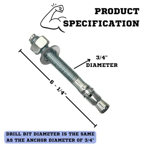MIGHTY FASTENERS Zinc-Plated Steel Wedge Anchors, 3/4" X 6-1/4" - Heavy-Duty Mounting Bolts for Concrete - 50 Pack - size: 3/4" X 6-1/4"