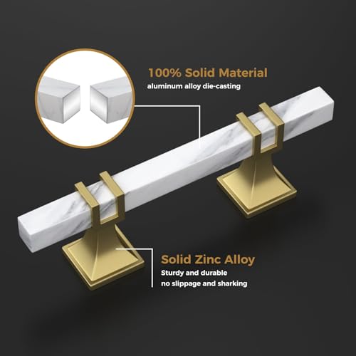 10 Pack 3-3/4 Inch White Marble Cabinet Pulls, Gold Cabinet Handles Marble Grain and Gold Pulls, Kitchen Cabinet Handles Square Dresser Drawer Pulls Kitchen Hardware - color: White Marble & Matte Gold, size: 3-3/4 inch (96mm) Hole Center Pull
