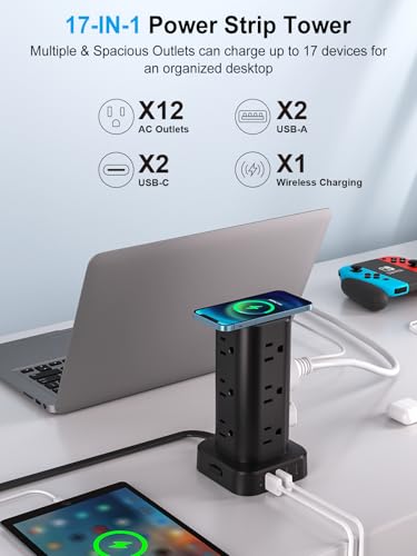 6FT Power Strip Tower with Wireless Charger,Surge Protector with 12 Outlets - color: Black, size: 6FT with Wireless Charging