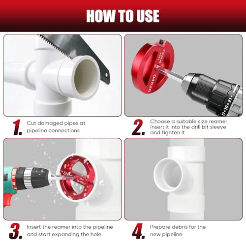 6Pcs PVC Pipe Reamer Kit, PVC Fitting Saver, Plastic Pipe Fitting Reamer Socket Saver Plumbing Tool Includes 3/4, 1, 1 1/2, 2, 3, 4 Inch for Schedule 40 Fits Standard 1/2" Drill